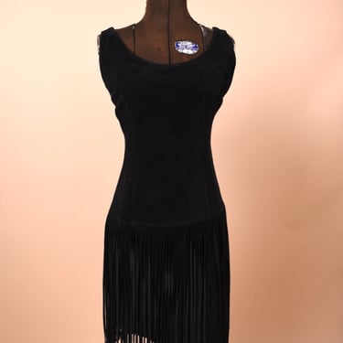 Black Suede Leather Fringe Dress By Kenar, S/M