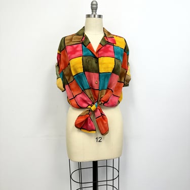 Vintage Color Block Blouse | 90s Camp Shirt | Womens Size Extra Large 