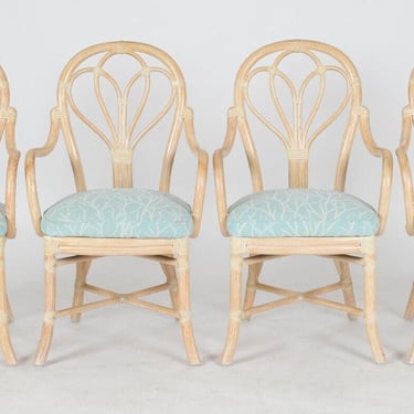 Four Vintage Authentic Marked McGuire M-26 Loop Back Rattan Rawhide Host Arm Chairs 