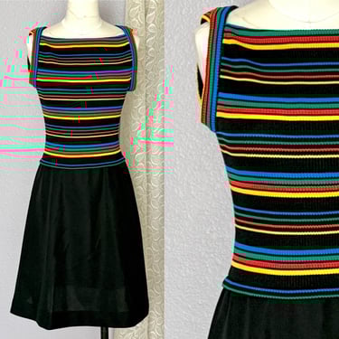 Mod Stripe Dress, Boat Bateau Neckline, Jonathan Logan, Bright Stripes, Vintage 60s 70s, A-Line 
