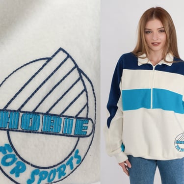 80s Hobie Sweatshirt Fleece Striped Quarter Zip Sweatshirt Blue White Color Block Nautical Shirt Collared Pullover Vintage 1980s Large L 