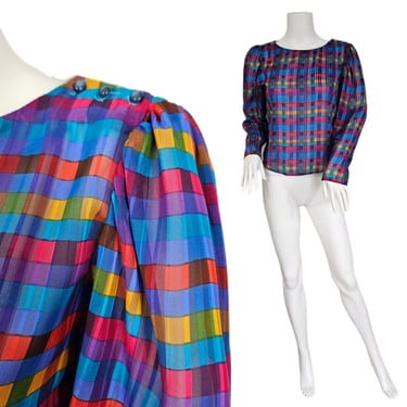 Eber 1980's Sheer Jewel Tone L/S Plaid Blouse I Shirt I Top I Sz Med 