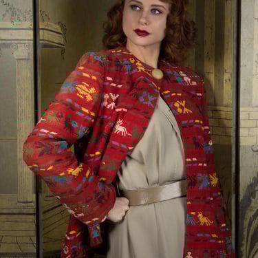 1940s Jacket - Bold Vintage 40s Woven Heavy Cotton Jacket with Colorful Figural Motifs and Strong Padded Shoulders 