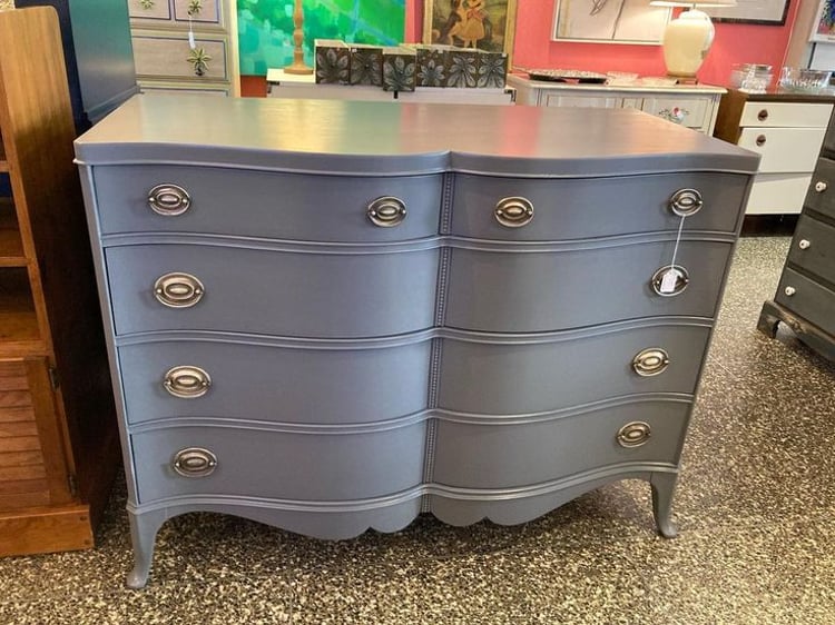 Gray painted 5 drawer dresser  46”x 22” x 35.5” 