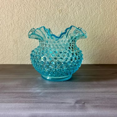 Vintage Fenton Turquoise Blue Opalescent Hobnail Glass Vase, Ruffle Crimped Edge Bowl, Ombré Aqua Turquoise Blue 