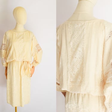 Vintage 1980s Silk and Lace Dress | XS | Jacquard Cream Silk Dress with Batwing Sleeves and Belt 