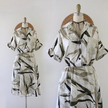 vintage cotton shirtdress - m - vintage 80s 90s abstract short sleeve dress with pockets earth tones neutral 