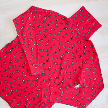Vintage 90s Christmas Turtleneck, 1990s Teddy Bear Print, Red, Long Sleeve Shirt 