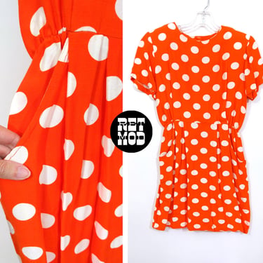 Fun Vintage 80s 90s Orange White Polka Dot Mini Dress with Pockets 