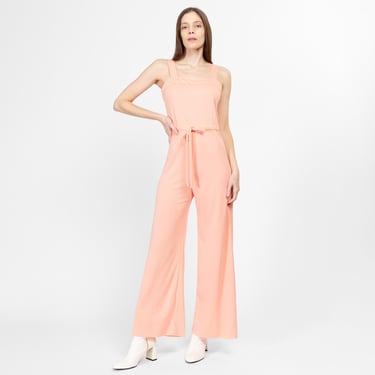 Small 70s Peach Pink Sleeveless Jumpsuit | Retro Vintage Flared Leg Disco Pantsuit 