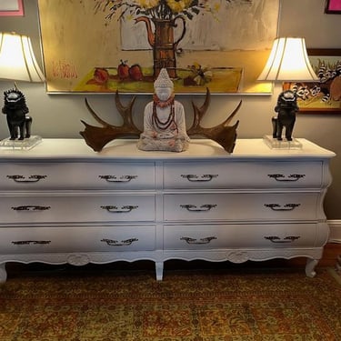 Large! white painted 6 drawer princess dresser. 83” x 18” x 32.5”
Cast Bronze fu dog lamps 26” tall 
