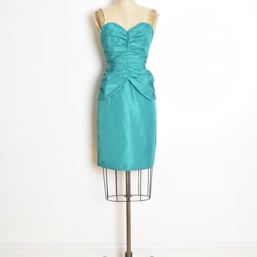 vintage 80s dress green strapless sweetheart ruched mini short prom party XS clothing 