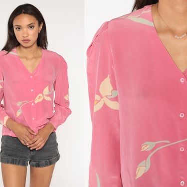 Silk Floral Shirt Sheer Pink Button Up Shirt 00s Long Puff Sleeve Blouse Vintage Long Sleeve Top Retro 2000s Small Medium 