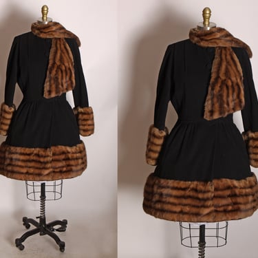 1940s Black Long Sleeve Dyed Russian Squirrel Fur Trim Hem, Cuffs and Scarf Fit and Flare Button Up Princess Coat by Swansdown -S 