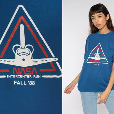 80s NASA T Shirt 1988 Intercenter Run Shirt Rocket Graphic Tee Original Vintage Tshirt Retro Spaceship Astronaut 1980s Jerzees Medium Large 