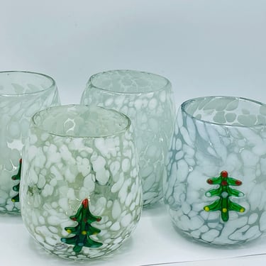 Set of (4)  Christmas Tree Hand Blown Glass with Applied Christmas Tree Art Glass Water Wine Cocktail Glasses 