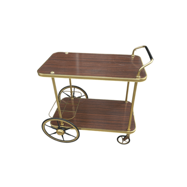 Mid Century Wood Laminate Bar Cart with Brass Ornate Hardware
