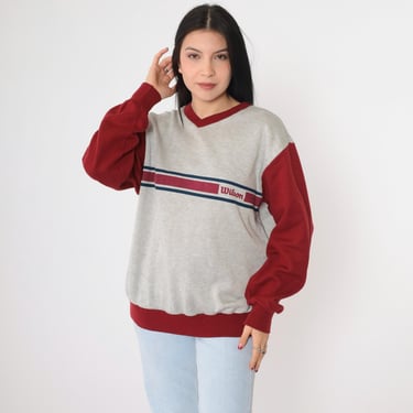 80s Wilson Striped Sweatshirt Heather Grey 1980s Ringer Shirt V Neck Burgundy Slouchy Sports Sweater Pullover 1980s Extra Large XL 