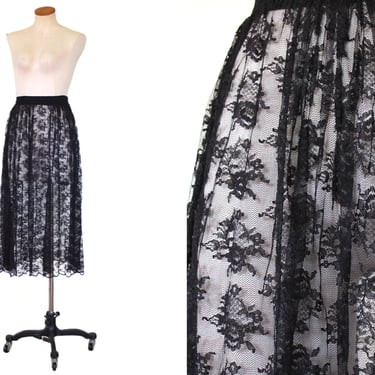 Vintage Sheer Black Rayon Lace Gathered High Waisted Skirt - Small 