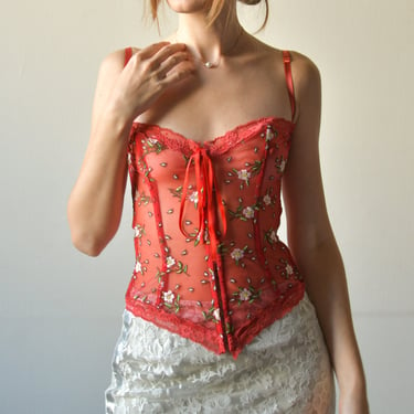 6962t / moschino red floral  embroidered corset 
