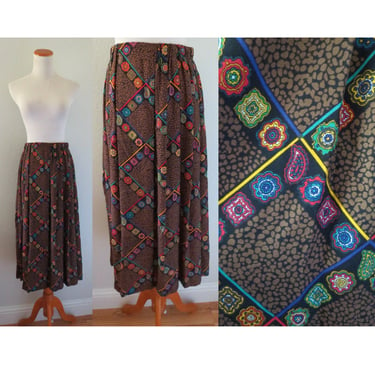 Vintage High Waisted Midi Skirt Colorful Paisley Print Elastic Waist 1980s 80s - Size Medium 