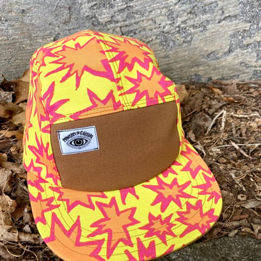Handmade Pow! Print 5 Panel Camp Hat in Yellow, Orange, Pink, Baseball Cap, five panel hat, Snap Back, 5panel hat, gift for him, Starburst 