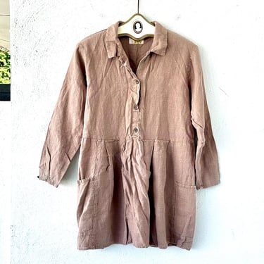 Vintage FLAX Linen Dress 90s Y2K Brown Collared Shirtdress Woven 