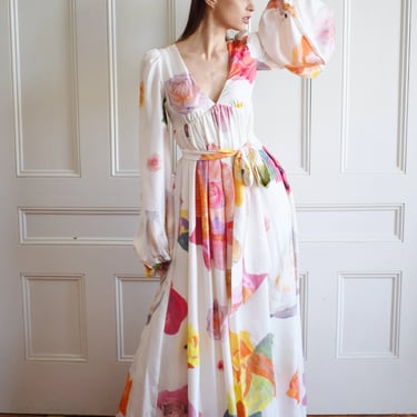 Vintage Y2K Isaac Mizrahi Painted Silk Gown | S | Designer Floral Print Gown | Bridal | Wedding Dress 