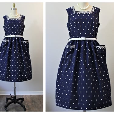 Vintage 1940s 40s 50s Navy Blue White Polka Dot Print Cotton Day Dress  // Modern Size US 6 8 Small Med 