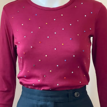 1970's Raspberry Blouse with Colorful Bling fits S/M Sparkly 