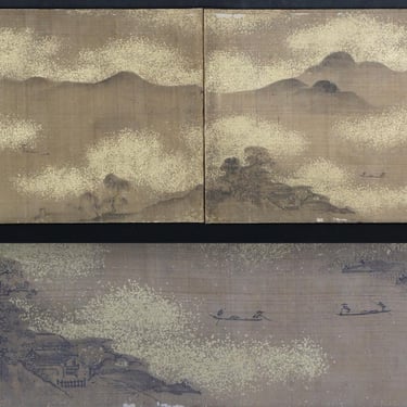 Antique Japan floating landscape sliding panel Tokonoma set miniature 1800 Tokonoma Fusuma art 