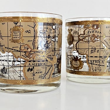 A Pair of Vintage Collectible Whiskey glasses by Cera glassware. Old World Map Nautical Barware Tumblers for Gifting & Boho home bar decor 