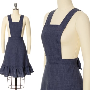 Vintage 1970s Pinafore Skirt | 70s Blue Lightweight Denim Overalls Bib Ruffled Prairie A-Line Skirt (small) 