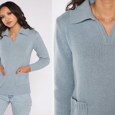 80s V Neck Sweater Grey-Blue Johnny Collar Knit Pullover Jumper Collared Acrylic 1980s Hipster Vintage Plain Small S 
