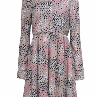 Kate Spade - Grey, Black &amp; Pink Dotted Long Sleeve Button-Up Dress Sz 8