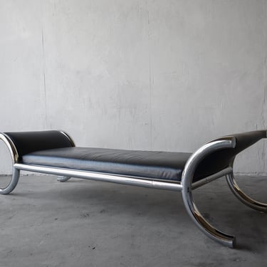 1970s Black Leather and Chrome Steel Daybed Bench 