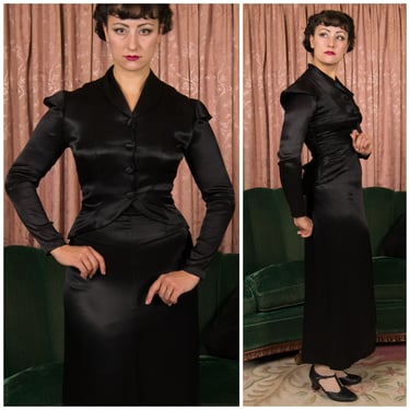 1940s Suit - Exquisite Avant Garde Black Satin Charmeuse Noir Skirt Suit with Petal Shoulders and Draped Bustle by Helen of California 