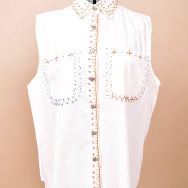 Deadstock Sleeveless Embroidered Button-Up by Pret'E, XL
