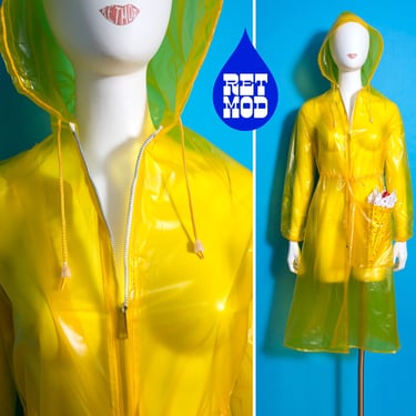 DEADSTOCK Fabulous Vintage 70s Yellow Translucent Hooded Raincoat with Matching Purse 