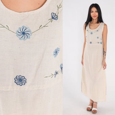 Floral Sundress 90s Flax Blend Embroidered Maxi Dress Beige Sleeveless Day Dress Blue Flower Summer Hippie Ankle Length Vintage 1990s Small 