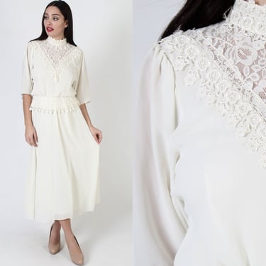 Vintage 70s Victorian Lace Dress, Floral Embroidered Sheer Material, Historical Period Antique Wedding Gown 