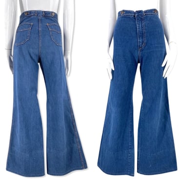 70s Chemin De Fer bell bottoms jeans 26, vintage 1970s double button dark denim bells, 70s flares pants sz 4-6 