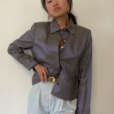 90s collared linen blazer / vintage gray iridescent metallic linen cropped Ellen Tracy blazer jacket | Large 