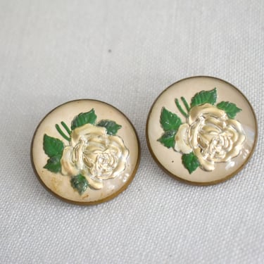 1950s White Rose Reverse Painted Glass Circle Clip Earrings 