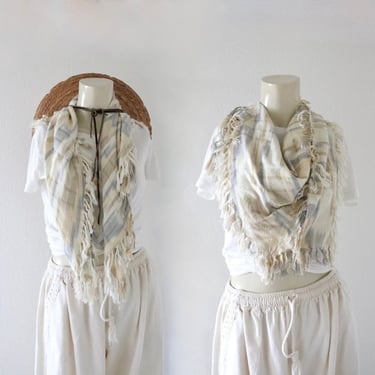 soft fringe scarf - vintage 90s y2k white cream womens square fringe scarves gift present 