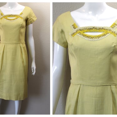 Vintage 60s Dress / Designer ParuesFeinstein Summer Yellow Linen Wiggle Dress Heavily Beaded neckline Spring Easter MCM // US 4 6 Small 