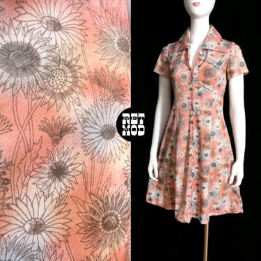 Cute & Flattering Vintage 70s Light Orange Floral Patterned Short Sleeve Zip Dress 