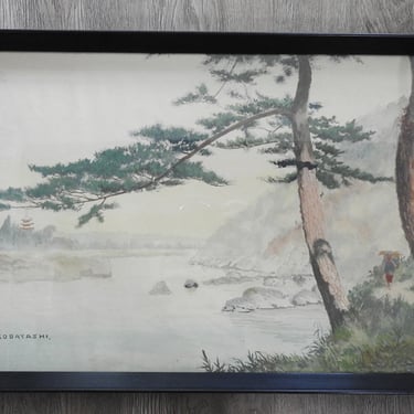 Vintage Early 20th Century Japanese Watercolor Landscape Painting