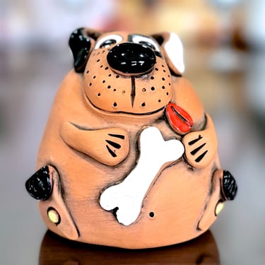 VINTAGE: Colorful Ceramic Coin Bank - Dog with Bone - Piggy Bank - Northern Europe - Baltic States - Ceramic Animal - Gift Idea 