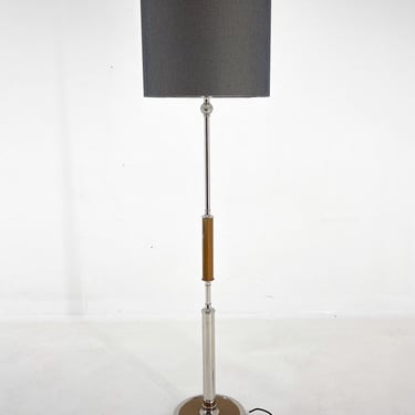 1950s Chrome & Wood Floor Lamp, Czechoslovakia, Restored / Mid-century Floor Lamp / Wooden Base / Fabric Lamp Shade 